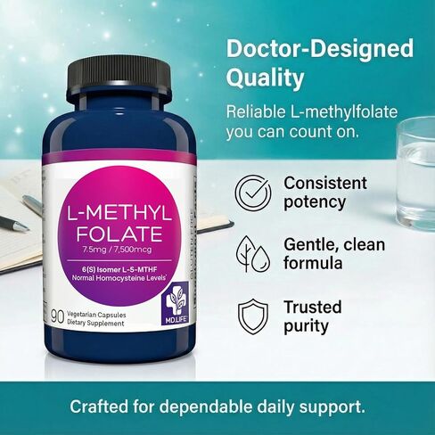 MD Life L-Methylfolate 7.5mg - مكمل Methylfolate النشط بدرجة احترافية - مكملات MTHFR ذات الفعالية القصوى - L-methylfolate 7.5 mg 60 كبسولة - الأحماض الأمينية الأساسية in Kuwait
