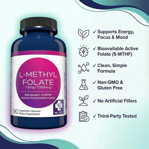 MD Life L-Methylfolate 7.5mg - مكمل Methylfolate النشط بدرجة احترافية - مكملات MTHFR ذات الفعالية القصوى - L-methylfolate 7.5 mg 60 كبسولة - الأحماض الأمينية الأساسية in Kuwait