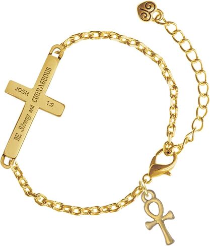 Delight Jewelry Plated Small Ankh - Gold Tone Joshua 1:9 Strong and Courageous Engraved Cross Charm Bracelet, 6.5+1.5" Extender in Saudi Arabia