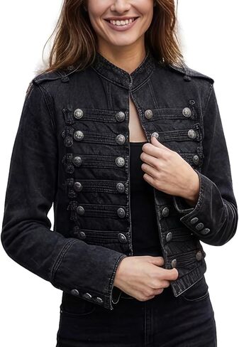 سترة نسائية من قماش الدنيم العسكري Steampunk من جان سترة بياقة واقفة معطف قوطي عتيق سترة جينز مزدوجة الصدر in Saudi Arabia