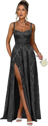 Jacquard Satin Prom Dresses for Women A Line Pleated Maxi Long Formal Evening Dress with Slit in Saudi Arabia