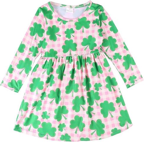 St. Patrick Toddler Girls Dress Clover Print Dresses Long Sleeve Outfits 3-8Y in Saudi Arabia