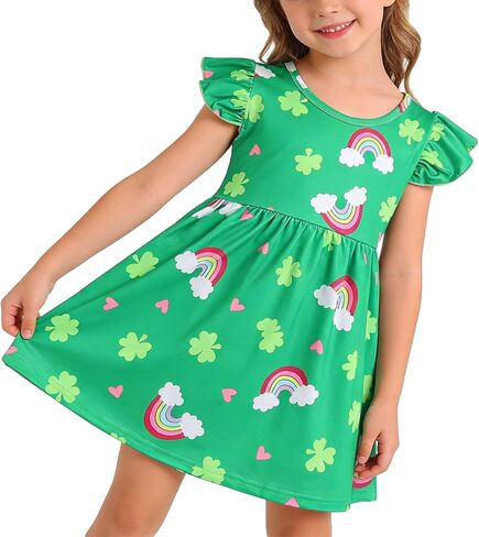 St. Patrick Toddler Girls Dress Clover Print Dresses Long Sleeve Outfits 3-8Y in Saudi Arabia