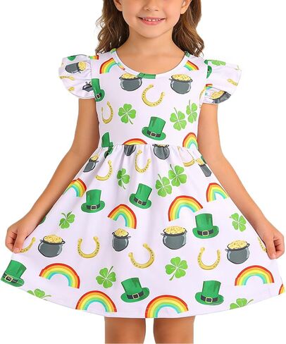 St. Patrick Toddler Girls Dress Clover Print Dresses Long Sleeve Outfits 3-8Y in Saudi Arabia