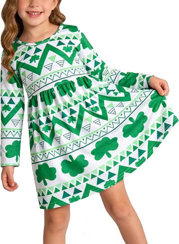 St. Patrick Toddler Girls Dress Clover Print Dresses Long Sleeve Outfits 3-8Y in Saudi Arabia