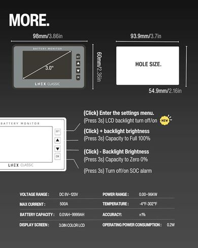 شاشة بطارية 500 أمبير مع تحويلة، شاشة RV ملونة مقاس 3 بوصات مع إنذار قابل للبرمجة لـ 8-120 فولت Lifepo4، ليثيوم، جل، بطارية مغمورة in Kuwait