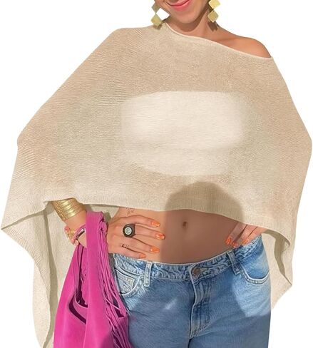 Fisoew Womens Sheer Poncho Top Lightweight Knit Bolero Shrug Mesh Off The Shoulder Y2K Going Out Beach Swimsuit Coverup in Saudi Arabia