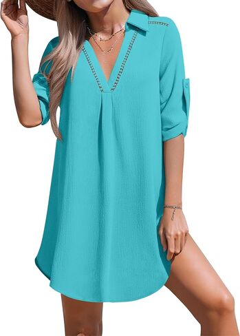 Halife Womens Swimsuit Coverup Shirt V Neck Eyelet Bathing Suit Cover Up Summer Beach Cover Ups Dress in Kuwait