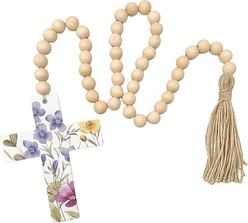 Wood Beads with Cross Tassels,45PCS Handcrafted Beaded Garland,31Inches Boho Bead Floral Print Table Wall Hanging Decor (Cirsium) in Saudi Arabia