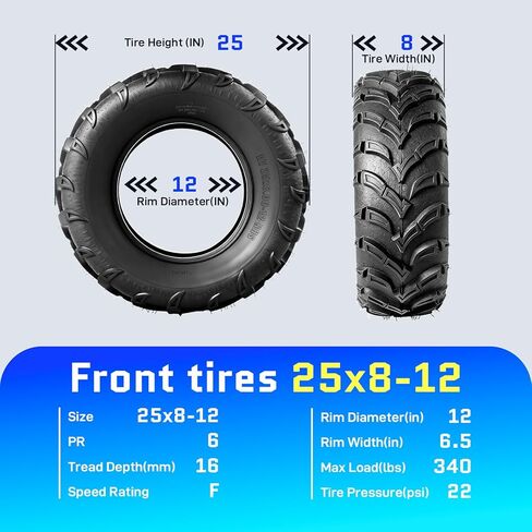إطارات TRIBLE SIX 25x8-12 و25x10-12 ATV UTV، مجموعة كاملة من إطارات 6 PR لجميع التضاريس 25x8x12 25x10x12 لمسار الطين الرملي، مداس اتجاهي، بدون أنبوب (عبوة من 4) in Saudi Arabia