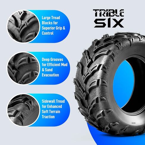 إطارات TRIBLE SIX 25x8-12 و25x10-12 ATV UTV، مجموعة كاملة من إطارات 6 PR لجميع التضاريس 25x8x12 25x10x12 لمسار الطين الرملي، مداس اتجاهي، بدون أنبوب (عبوة من 4) in Saudi Arabia