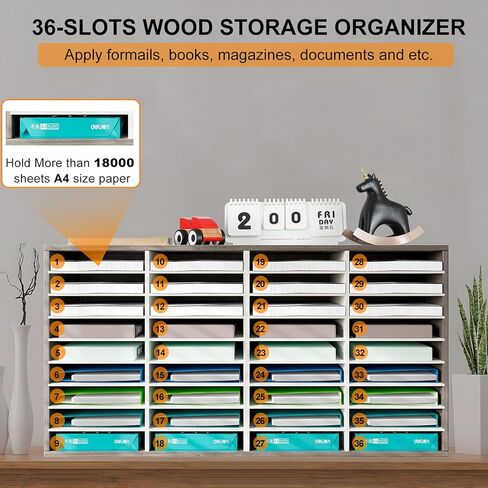 TQVAI Literature Organizer, Heavy Duty 36 Compartments Countertop Mail Organizer with Adjustable Shelves, Wooden Desk Paper Storage Organizer, Mailboxes Cubbies for Office, Classroom, Retro Grey/White in Saudi Arabia