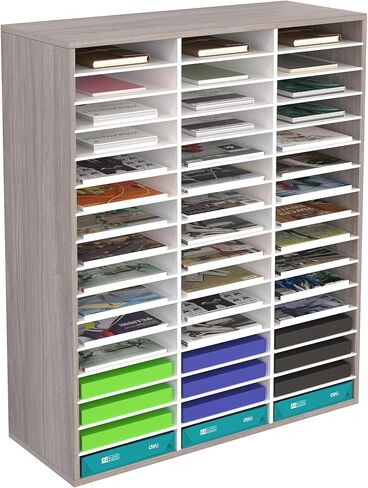 TQVAI Literature Organizer, Heavy Duty 36 Compartments Countertop Mail Organizer with Adjustable Shelves, Wooden Desk Paper Storage Organizer, Mailboxes Cubbies for Office, Classroom, Retro Grey/White in Saudi Arabia