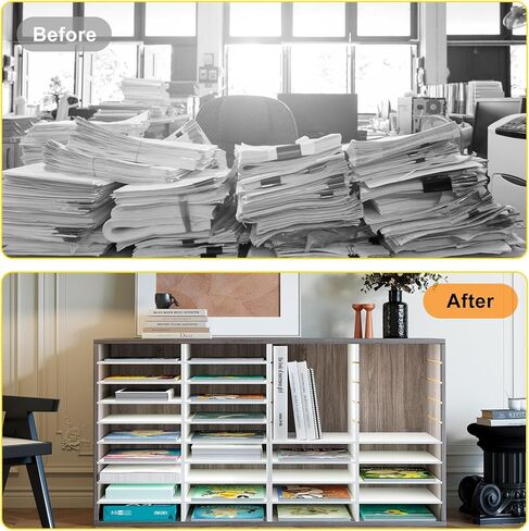 TQVAI Literature Organizer, Heavy Duty 36 Compartments Countertop Mail Organizer with Adjustable Shelves, Wooden Desk Paper Storage Organizer, Mailboxes Cubbies for Office, Classroom, Retro Grey/White in Saudi Arabia