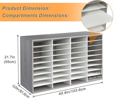 TQVAI Literature Organizer, Heavy Duty 36 Compartments Countertop Mail Organizer with Adjustable Shelves, Wooden Desk Paper Storage Organizer, Mailboxes Cubbies for Office, Classroom, Retro Grey/White in Saudi Arabia