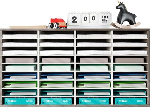TQVAI Literature Organizer, Heavy Duty 36 Compartments Countertop Mail Organizer with Adjustable Shelves, Wooden Desk Paper Storage Organizer, Mailboxes Cubbies for Office, Classroom, Retro Grey/White in Saudi Arabia