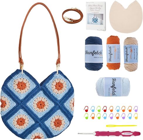 مجموعة Hanfetch Crochet للمبتدئين المتقدمين أو المتوسطين، فيديو تعليمي خطوة بخطوة ودليل تفصيلي لتعليمات لوازم الأعمال اليدوية للبالغين والأطفال مع مجموعة كاملة لحقيبة الجدة المربعة in Kuwait