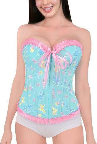 Littleforbig Women's Lace Up Boned Overbust Corset Bustier Bodyshaper Top - Baby Parade Pattern in Saudi Arabia