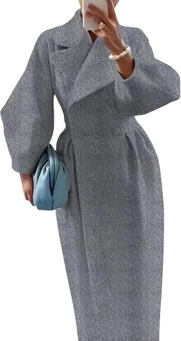 loveimgs Women's Winter Lantern Long Sleeve Notch Lapel Trench Pea Coat Button Waist Wool Blend Overcoat in Saudi Arabia
