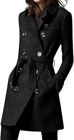 SOMTHRON Women's Winter Trench Coat Double Breasted Notch Lapel Belted Mid Long Jacket Slim Fit Peacoat Overcoat in Saudi Arabia