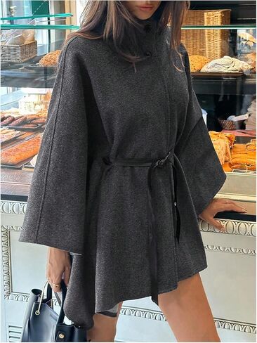 GORGLITTER Women's Bat Wing Sleeve Pea Coats Poncho Cape Long Trench Coat Dress Fall Stand Collar Cloak Belt Outerwear in Saudi Arabia