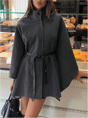 GORGLITTER Women's Bat Wing Sleeve Pea Coats Poncho Cape Long Trench Coat Dress Fall Stand Collar Cloak Belt Outerwear in Saudi Arabia