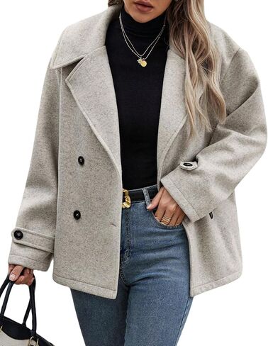Womens Crop Wool Blend Coat Double Breasted Lapel Collar Pea Coat Fashion Winter Jacket Trench Coats in Saudi Arabia