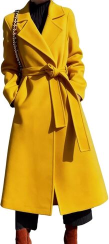 chouyatou Women's Winter Lapel Collar Wool Coat Open Front Belted Midi Long Overcoat Trench Pea Coat in Saudi Arabia