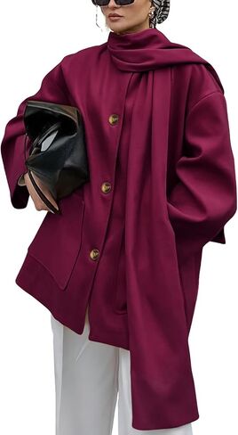 chouyatou Women's Casual Single Breasted Wool Coat with Scarf Office Work Wool Blend Trench Pea Coat Overcoat in Saudi Arabia