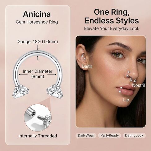 Anicina 18G حدوة الحصان الأنف الدائري الأنف ترصيع الجراحية الصلب الأنف خواتم للنساء خيط داخلي الأنف ثقب المجوهرات in Kuwait