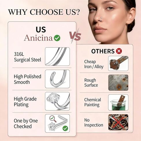 Anicina 18G حدوة الحصان الأنف الدائري الأنف ترصيع الجراحية الصلب الأنف خواتم للنساء خيط داخلي الأنف ثقب المجوهرات in Kuwait