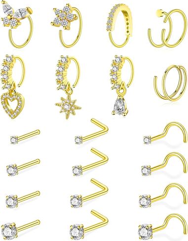 21 Pcs Nose Rings for Women 20G 14K Gold Plated Nose Piercings L Shaped Corkscrew Straight Nose Studs Butterfly Flower Dangle Heart Double Nose Rings Hoops Surgical Steel Nose Piercing Jewelry 1.5mm 2mm 2.5mm 3mm CZ in Saudi Arabia