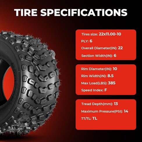 مجموعة من 2 إطارات 22x11-10 ATV UTV، إطارات 22x11x10 لجميع التضاريس، 6PR، بدون أنابيب in Kuwait