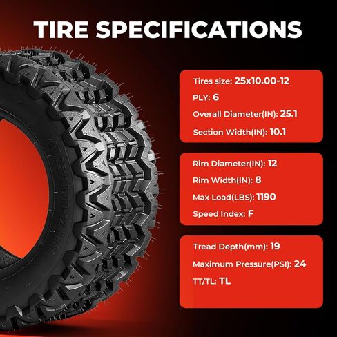 إطارات 25x10-12 ATV UTV، إطارات 25x10x12 لجميع التضاريس، مصنفة من 6 طبقات، بدون أنابيب، مجموعة من 2 in Kuwait