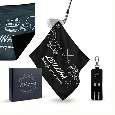 منشفة جولف مغناطيسية للرجال (جلد سويدي من الألياف الدقيقة على الوجهين + وافل) - مجموعة هدايا مناشف للحقائب مع حامل من جلد البولي يوريثان، مغناطيس قوي N52 (أسود) in Kuwait