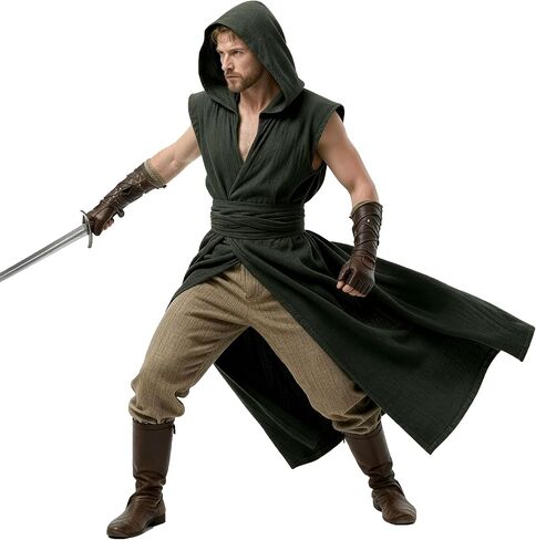 سترة بقلنسوة بدون أكمام من القرون الوسطى سترة تابارد عصر النهضة الفايكنج سترة معطف للهالوين زي لارب رن فير in Kuwait