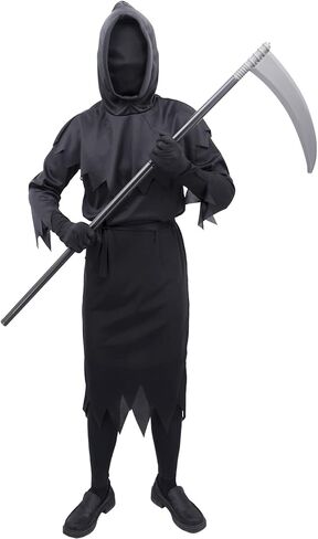 Grim Reaper Cosplay Costume Set - Scary Halloween Phantom Robe with Hooded Cloak, Black Gloves, Detachable Scythe in Saudi Arabia