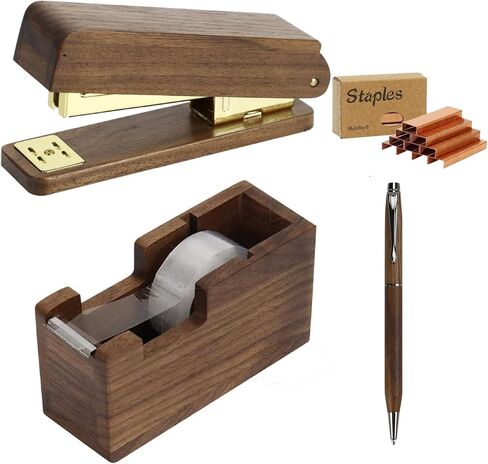 Multibey Walnut Office Set, 3-Piece Desk Organizer - North American Walnut Stapler, Wood Tape Dispenser & Wooden Pen with 1 Box Rose Gold Staples and Tape, for Elegant Home Office Desk in Saudi Arabia
