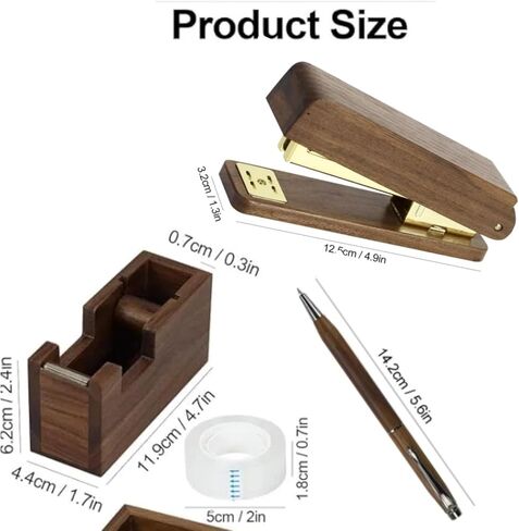 Multibey Walnut Office Set, 3-Piece Desk Organizer - North American Walnut Stapler, Wood Tape Dispenser & Wooden Pen with 1 Box Rose Gold Staples and Tape, for Elegant Home Office Desk in Saudi Arabia
