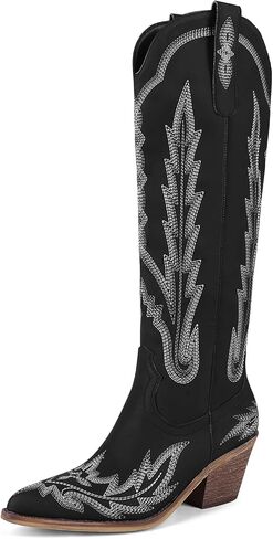 Cowboy Boots for Women Cowgirl Boots Mid Calf Western Country Pointed Toe Embroidery Chunky Heel Pull On Red in Saudi Arabia