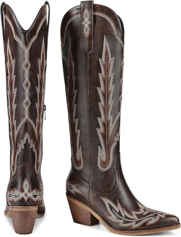 Cowboy Boots for Women Cowgirl Boots Mid Calf Western Country Pointed Toe Embroidery Chunky Heel Pull On Red in Kuwait