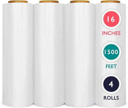 PackageZoom 4 Rolls 16 Inch x 1500 Ft Pre-Stretched Wrap, 30 Gauge High Performance Film Replaces 70 Gauge Low Films, Clear Hand Stretch Wrap in Kuwait