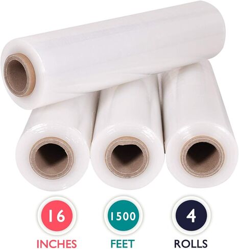 PackageZoom 4 Rolls 16 Inch x 1500 Ft Pre-Stretched Wrap, 30 Gauge High Performance Film Replaces 70 Gauge Low Films, Clear Hand Stretch Wrap in Kuwait