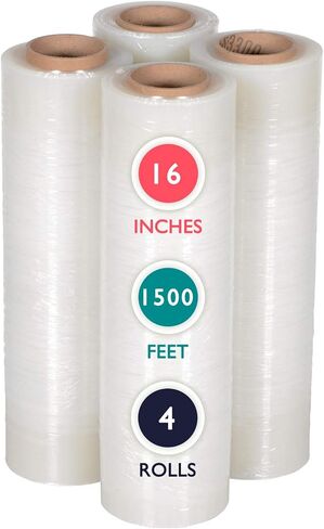 PackageZoom 4 Rolls 16 Inch x 1500 Ft Pre-Stretched Wrap, 30 Gauge High Performance Film Replaces 70 Gauge Low Films, Clear Hand Stretch Wrap in Kuwait