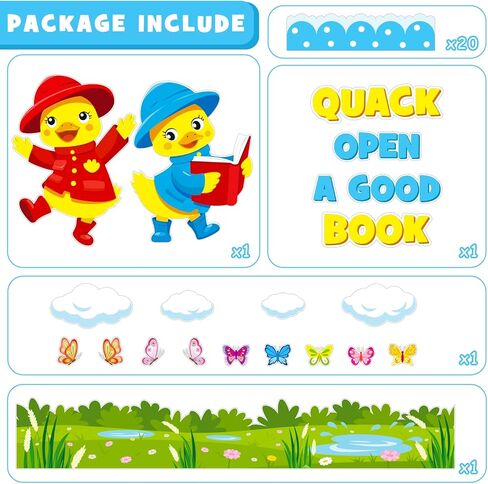 Spring Reading Bulletin Board Decoration Set, Yellow Duck Quack Classroom Decorations Duck Book Butterfly Cutouts March April Library School Nursery Home Window Wall Chalkboard Door Decor for Teacher in Kuwait