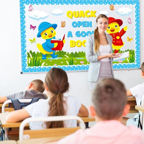 Spring Reading Bulletin Board Decoration Set, Yellow Duck Quack Classroom Decorations Duck Book Butterfly Cutouts March April Library School Nursery Home Window Wall Chalkboard Door Decor for Teacher in Kuwait
