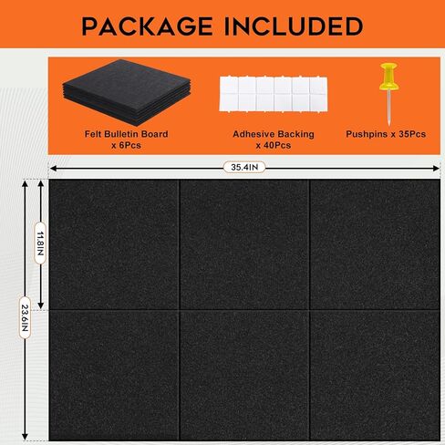 لوحة إعلانات من اللباد، لوحة فلين كبيرة مقاس 91.44 سم × 60.96 سم، 6 عبوات من بلاط الحائط اللباد مع 35 قطعة من دبابيس الدفع، ولوحات الدبوس للمكتب والمنزل والفصول الدراسية in Kuwait