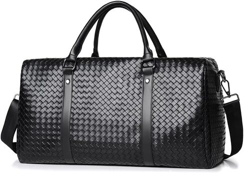 حقيبة سفر من القماش الخشن بنمط مضفر من الجلد، حقيبة ليلية لعطلة نهاية الأسبوع مصنوعة من الجلد المقاوم للماء، حقيبة سفر، مع أشرطة كتف، حقيبة من القماش الخشن، بني، حقيبة سفر (بني) in Kuwait