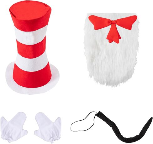 Cat Hat Costume for Adult Red White Striped Top Hat Furry Red Bow Tie White Gloves Cosplay Halloween Accessory Set in Kuwait