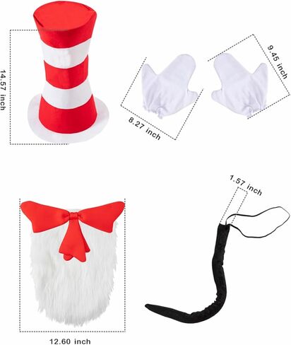 Cat Hat Costume for Adult Red White Striped Top Hat Furry Red Bow Tie White Gloves Cosplay Halloween Accessory Set in Kuwait